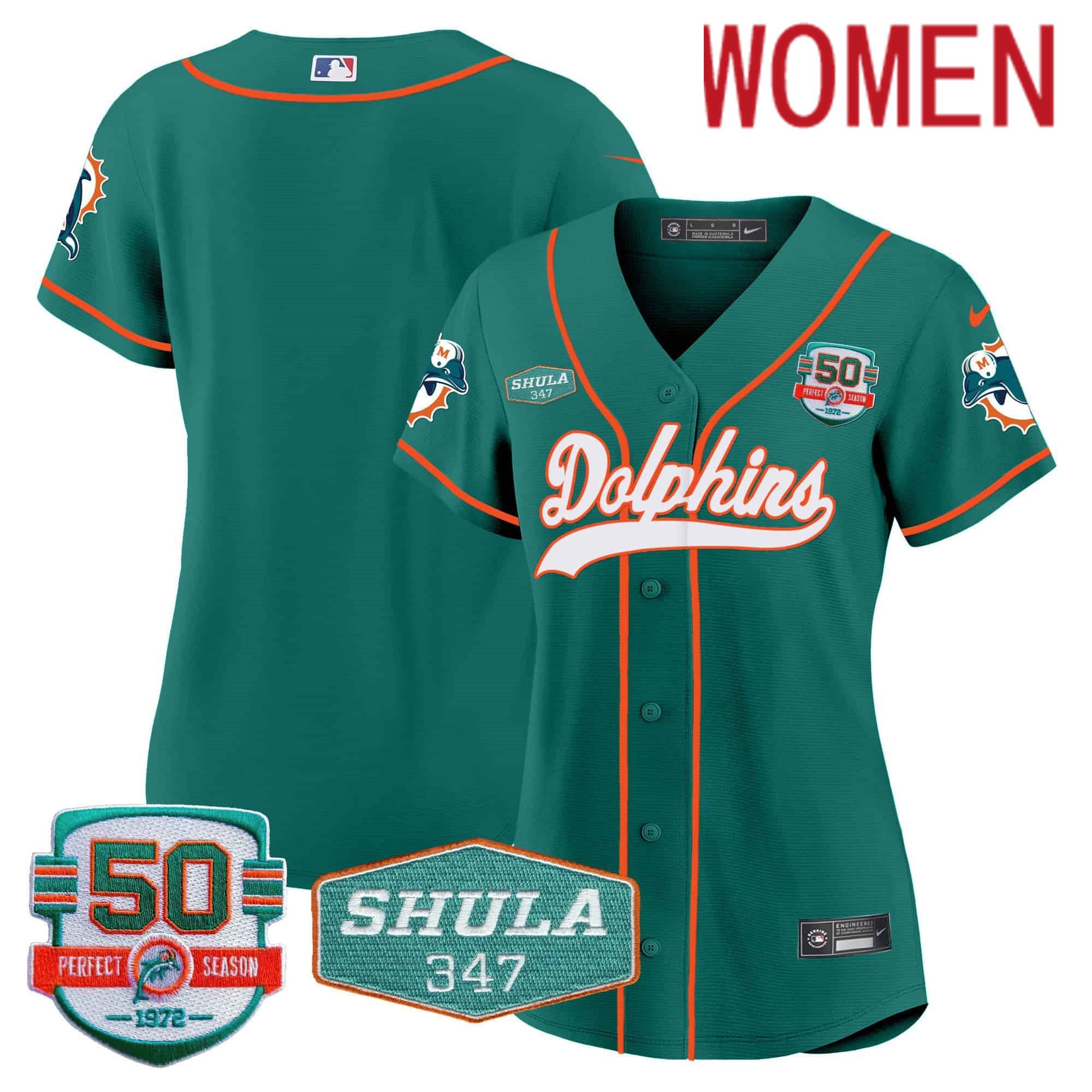 Women Miami Dolphins Blank Green 2024 Nike 50th Don Shula Memorial Patch Baseball NFL Jersey style 1->women nfl jersey->Women Jersey